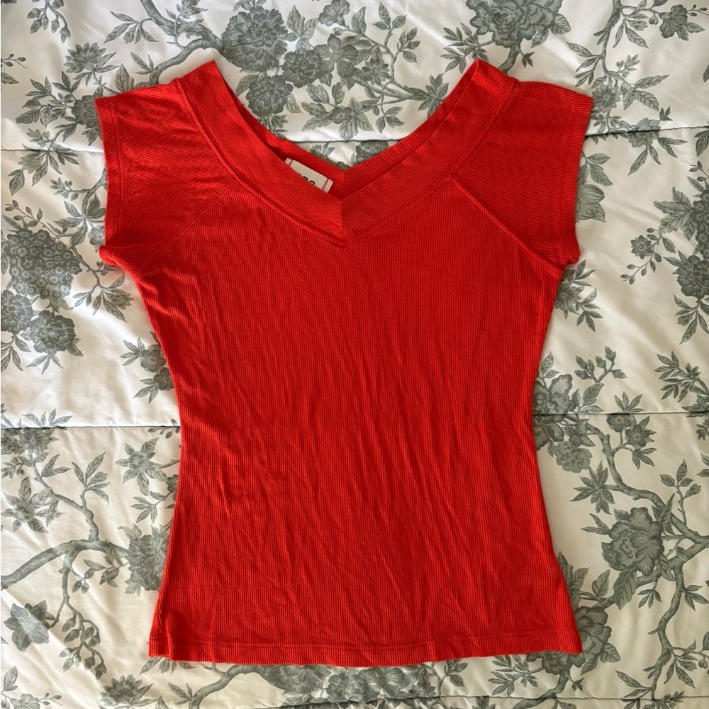 Urban Outfitters BDG Orange V-Neck Ribbed Cap-Sleeve Top
